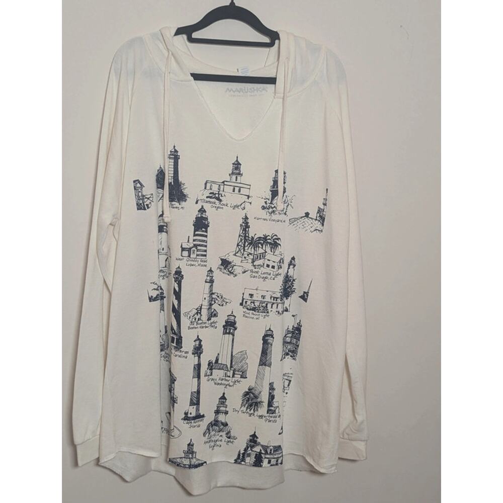 Marushka Lighthouse Print Hooded Sweatshirt Tunic Cream XL Coastal Graphic Top